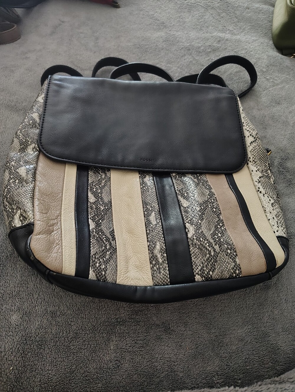 Fossil Claire Two-Tone Black, Beige & Snakeskin-Pattern Leather Backpack